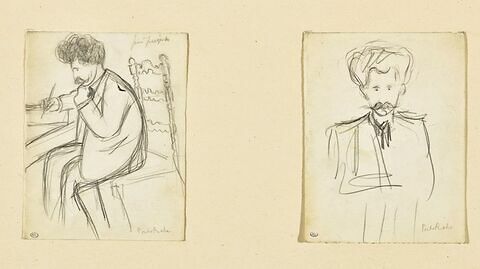 Croquis caricatural d'un homme assis devant une table écrivant : Porto-Riche, image 1/3