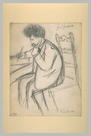 Croquis caricatural d'un homme assis devant une table écrivant : Porto-Riche, image 2/3