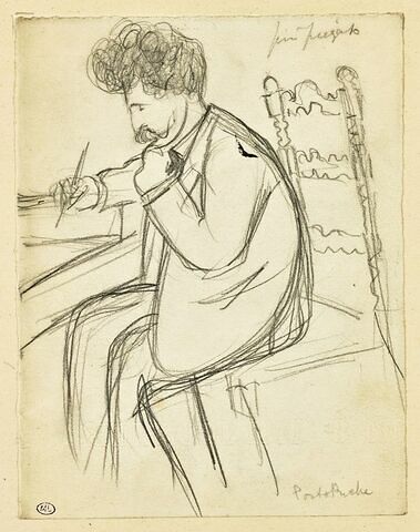 Croquis caricatural d'un homme assis devant une table écrivant : Porto-Riche, image 3/3