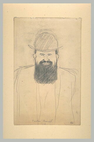 Croquis caricatural d'un homme, avec chapeau melon et barbe : T. Bernard