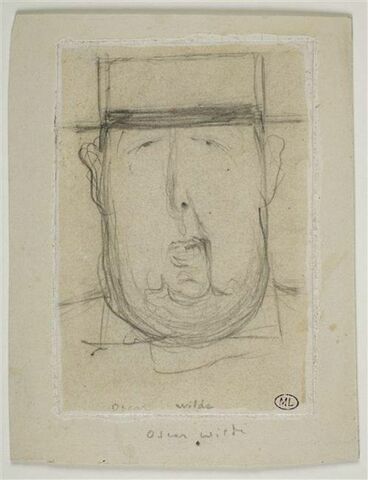 Croquis caricatural d'une tête d'homme, coiffé d'un canotier : Oscar Wilde, image 1/2
