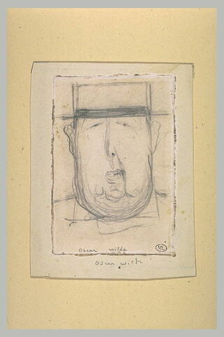 Croquis caricatural d'une tête d'homme, coiffé d'un canotier : Oscar Wilde, image 2/2