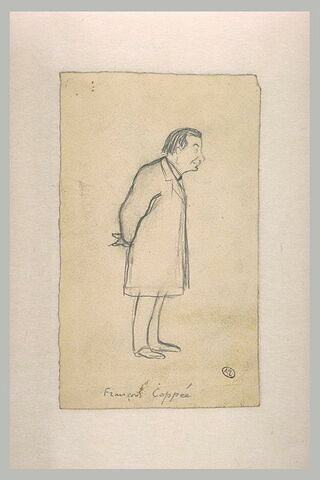 Croquis caricatural d'un homme, de profil, mains derrière le dos : F. Coppée, image 2/2