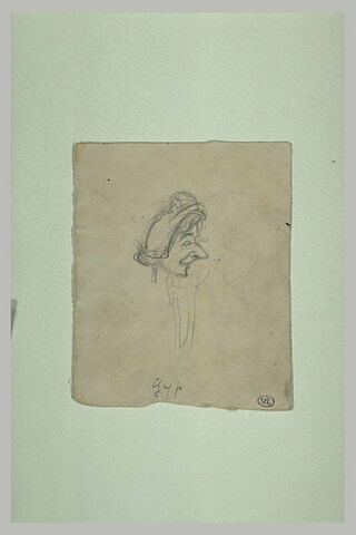 Tête de femme au nez proéminent, de profil à droite, avec petit chapeau:GYP, image 1/1