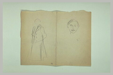 Feuille de croquis : à gauche, silhouette de femme, et tête d'homme de face, image 1/1