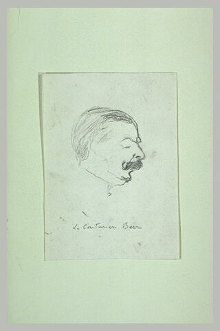 Tête d'homme, de profil à droite, moustache épaisse:Le couturier Berr