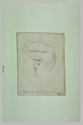 Mm Gaston A. de Caillavet, de profil à gauche, coiffée d'un haut chapeau