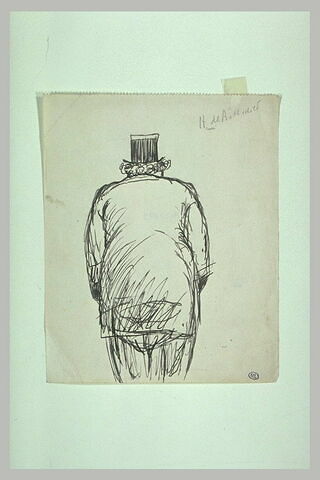 H. de Rothschild à mi-jambes, de dos, corpulent, et chapeau haut-de-forme