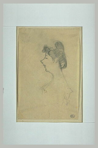 Femme vue en buste, de profil à gauche, nez retroussé, cheveux relevés, image 1/1