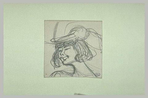 Tête de femme riant, de trois quarts à gauche, cheveux encadrant le visage, image 1/1