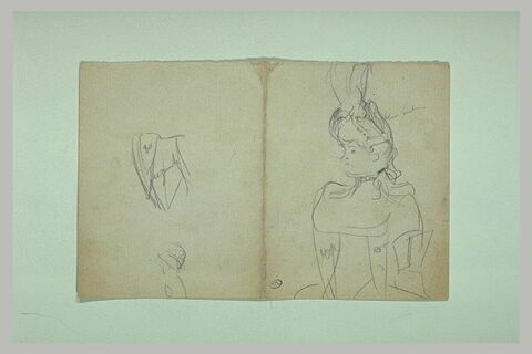 Croquis ; femme vue à mi-corps, avec un chapeau, image 1/1