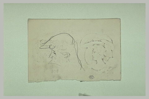 Croquis d'une tête, avec un chapeau, de profil à gauche, image 1/2