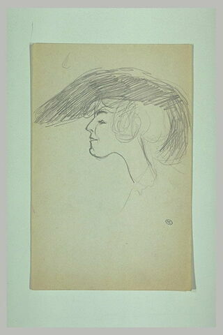 Tête de femme, de profil à gauche, coiffé d'un grand chapeau noir, image 1/1