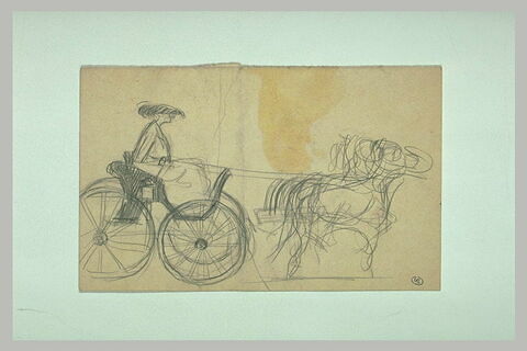 Femme assise dans un tilbury tiré par deux chevaux, de profil à droite, image 1/1