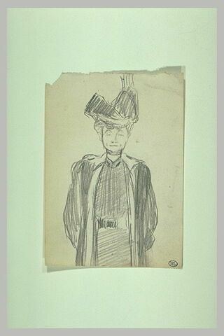 Femme vêtue de noir, à mi-jambes, de face, coiffée d'un chapeau noir, image 1/1