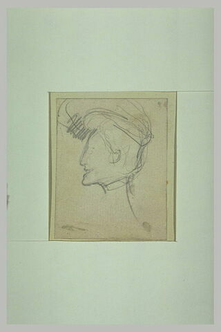 Tête de femme, de profil vers la gauche, ciffée d'un chapeau, image 1/1