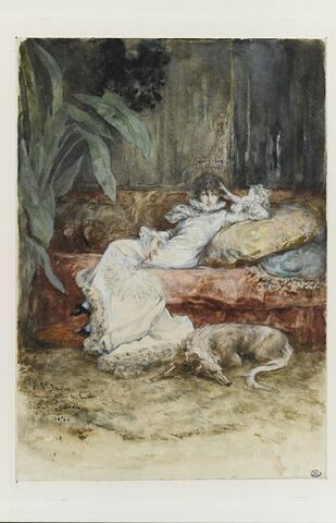 Portrait de Sarah Bernhardt, à demi-étendue sur un canapé