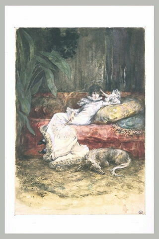 Portrait de Sarah Bernhardt, à demi-étendue sur un canapé, image 2/2