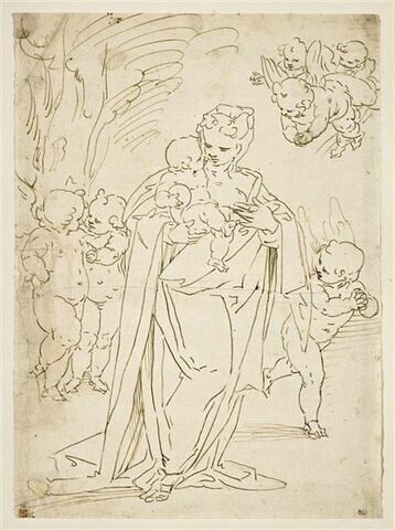 Vierge debout, tenant l'Enfant Jésus, entourée d'angelots