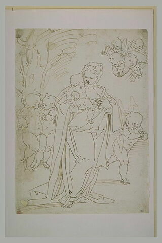 Vierge debout, tenant l'Enfant Jésus, entourée d'angelots, image 2/2