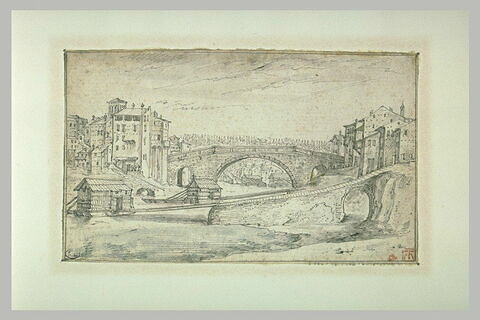 Vue de Rome avec un pont sur le Tibre, maisons flottantes ou bacs, image 1/1
