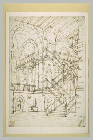 Architecture imaginaire : escaliers en bois, et deux étages d'arcades, image 1/1