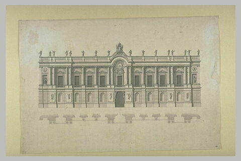 Elévation et plan d'une façade avec colonnade et statues, image 1/1