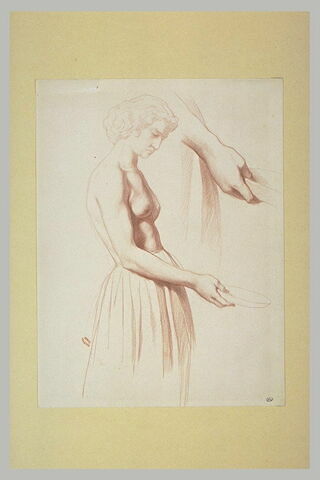 Jeune femme, buste nu, tournée vers la droite, tenant une coupelle