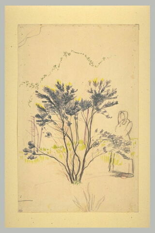 Silhouette de paysanne, debout, à droite, derrière un arbrisseau, image 1/1