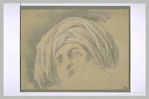 Tête d'homme coiffée d'un turban, de face, regardant vers le haut, image 1/1