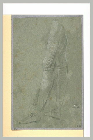 Jambes d'un homme chaussé d'escarpins ; croquis d'un pied de tabouret, image 1/1
