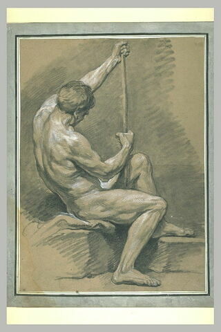 Homme nu, assis, appuyé sur un bâton, de dos, image 1/1