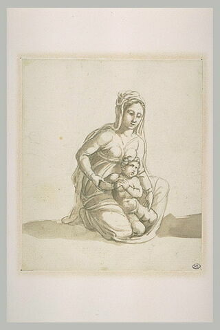 Femme drapée, agenouillée de trois quarts vers la droite, tenant un enfant, image 1/1