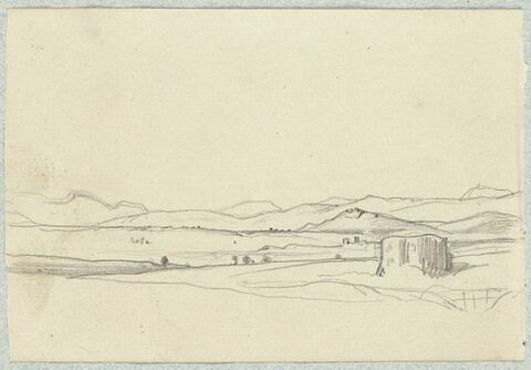 Paysage de plaine avec une maison à droite, et fond de collines