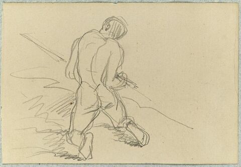 Homme vu de dos, nu, agenouillé à terre, légèrement penché vers la droite, image 1/1