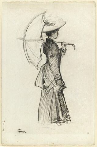 Jeune femme debout, de profil à droite, coiffée d'un grand chapeau, image 1/2