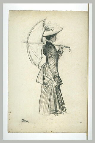 Jeune femme debout, de profil à droite, coiffée d'un grand chapeau, image 2/2