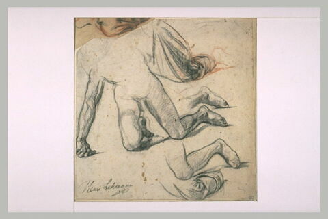 Feuille d'études avec une figure nue, reprises de jambes, et croquis de plis, image 1/1