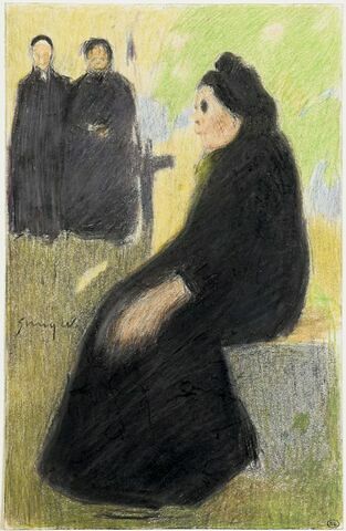 Au Cimetière : femme vêtue de noir, assise, et deux autres, au loin, debout