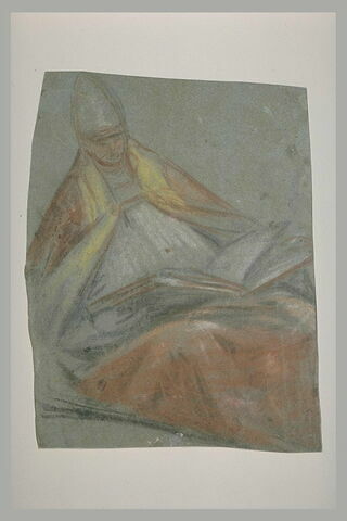 Figure d'évêque assis, tourné vers la droite, un livre sur les genoux, image 2/2