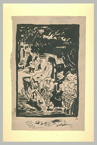 Femmes et enfants au jardin, assis sur des bancs, image 1/1