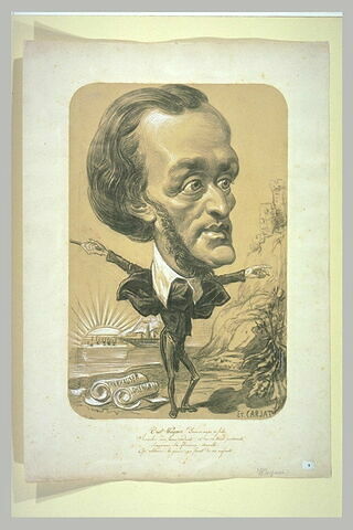 Portrait-charge de Wagner, avec une tête colossale sur un corps minuscule