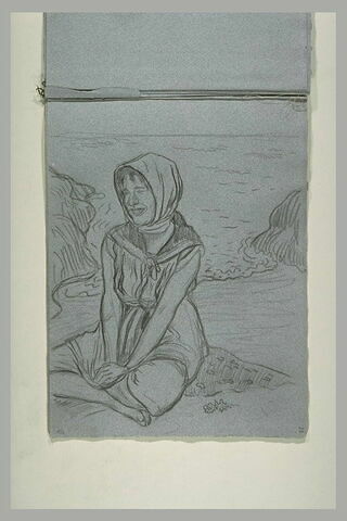 Jeune femme accroupie au bord de l'eau, pieds nus et foulard sur la tête