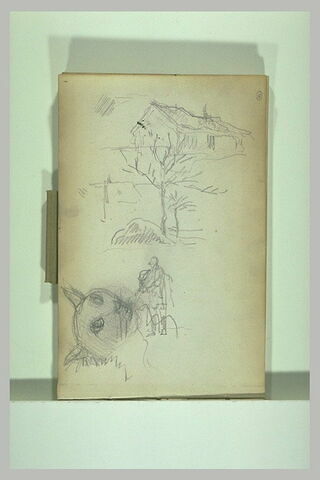 Esquisse d'un paysage campagnard, d'une figure et d'un chat, image 1/1