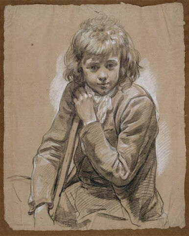 Portrait de jeune garçon, assis de face, s'appuyant sur un bâton