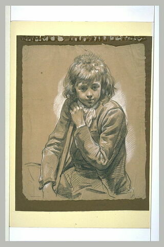 Portrait de jeune garçon, assis de face, s'appuyant sur un bâton, image 2/2