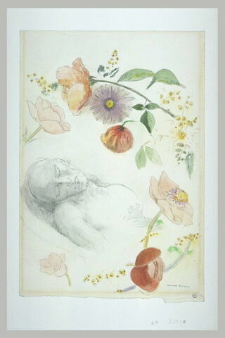 Buste d'homme aux yeux clos, entouré de fleurs, image 1/1