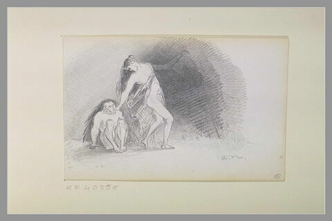 Femme nue tournée vers la droite, se retournant vers un homme nu accroupi, image 1/1