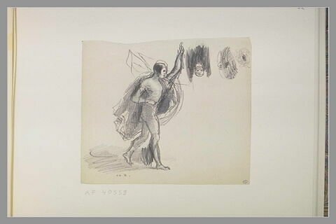 Homme nu, avec une draperie flottante et croquis de têtes volantes, image 1/1