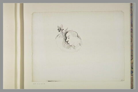 Tête de profil à gauche dans une forme lobée (fleur ou fruit ?), image 1/1